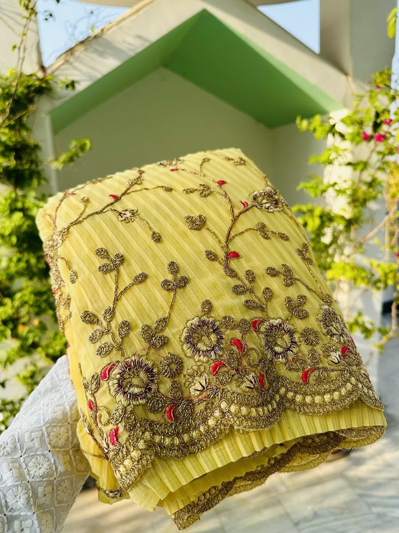 Yellow Colour Shade Crushed Saree with Zardosi Work