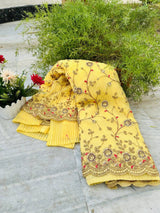 Yellow Colour Shade Crushed Saree with Zardosi Work