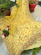 Yellow Colour Shade Crushed Saree with Zardosi Work