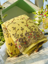 Yellow Colour Shade Crushed Saree with Zardosi Work