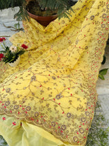 Yellow Colour Shade Crushed Saree with Zardosi Work