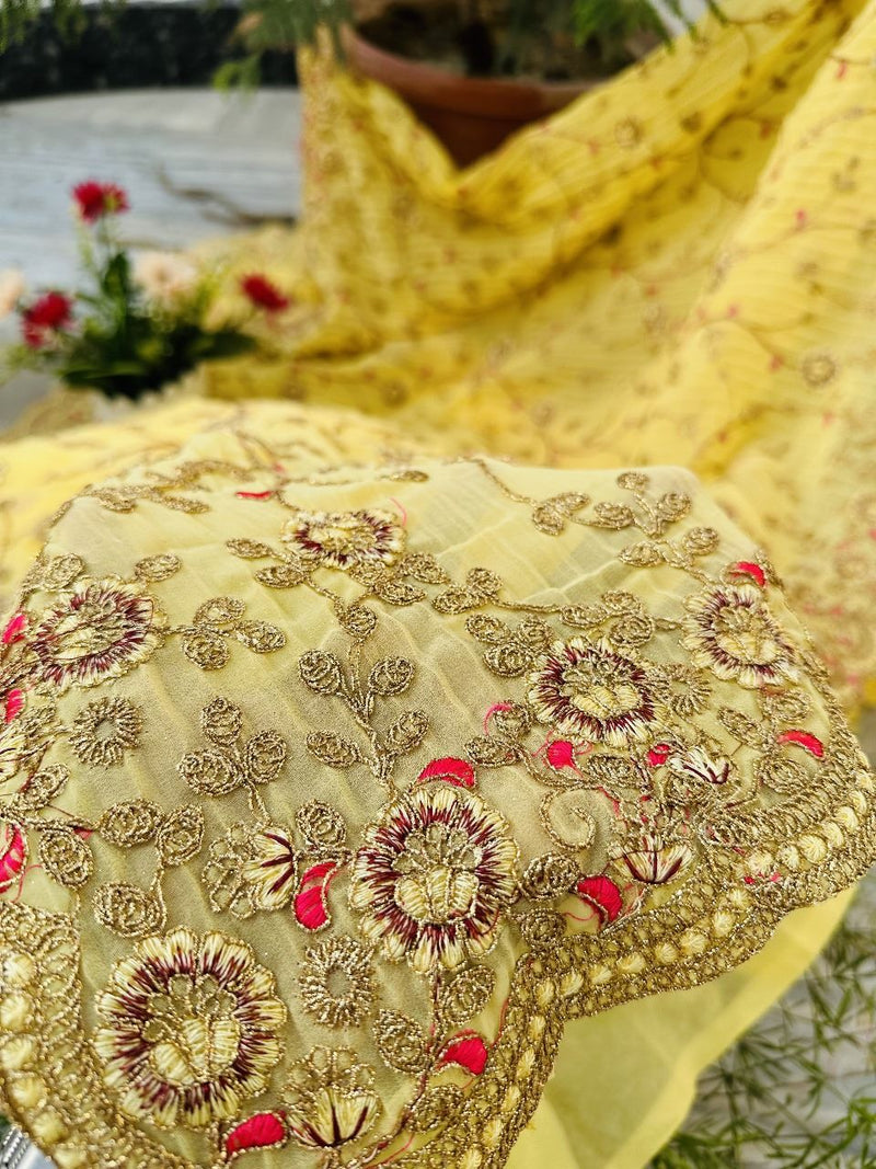 Yellow Colour Shade Crushed Saree with Zardosi Work