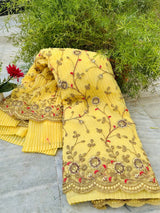 Yellow Colour Shade Crushed Saree with Zardosi Work