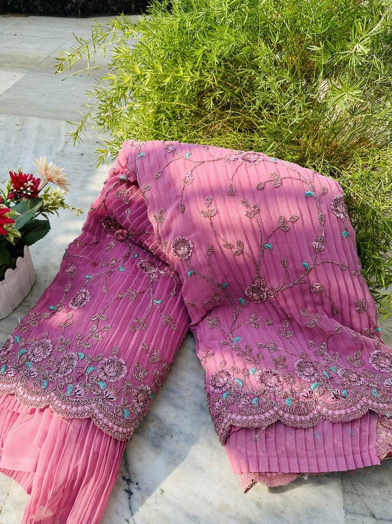 Pink Colour Shade Crushed Saree with Zardosi Work