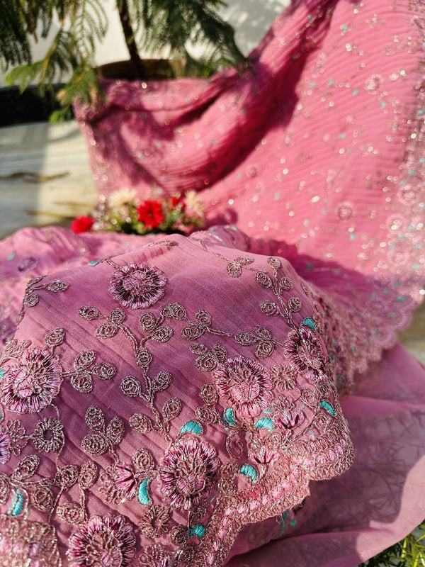 Pink Colour Shade Crushed Saree with Zardosi Work