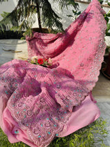 Pink Colour Shade Crushed Saree with Zardosi Work