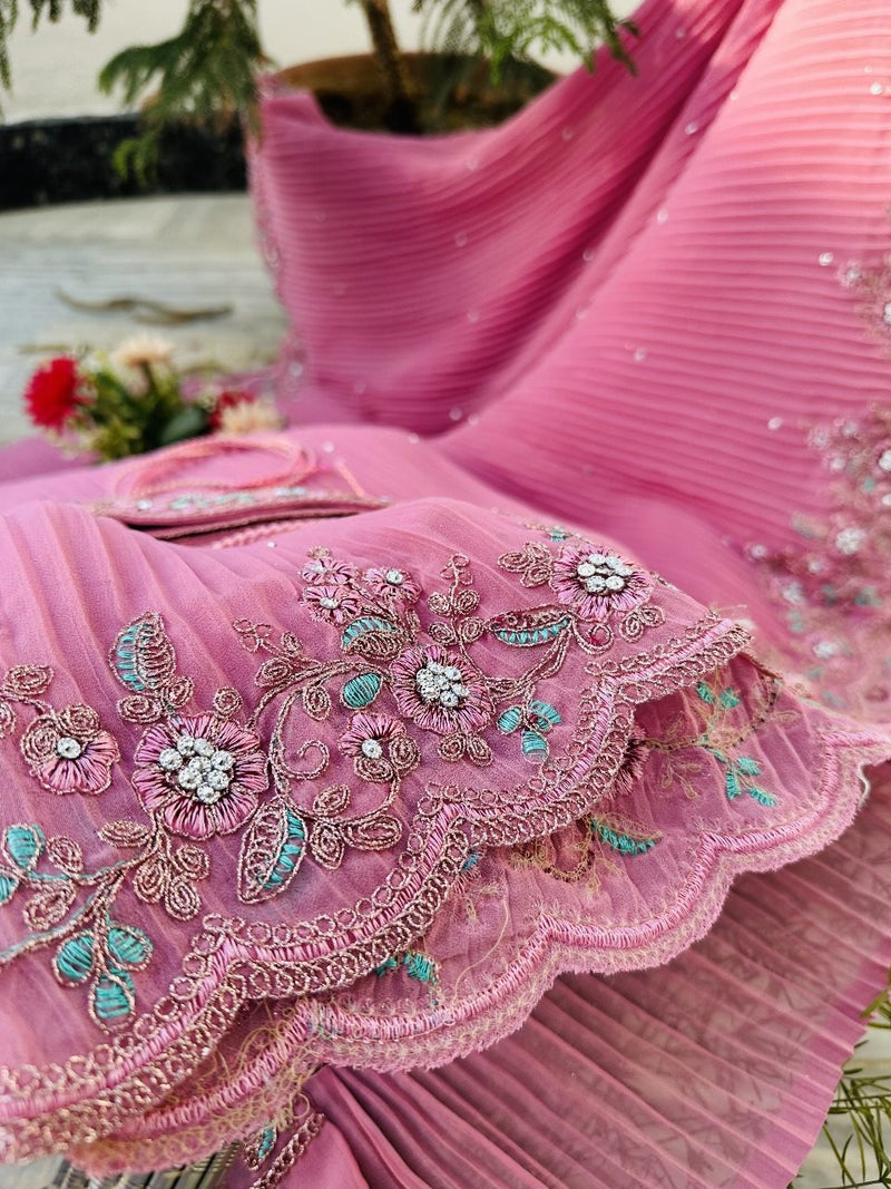 Pink Colour Shade Crushed Saree with Zardosi Work