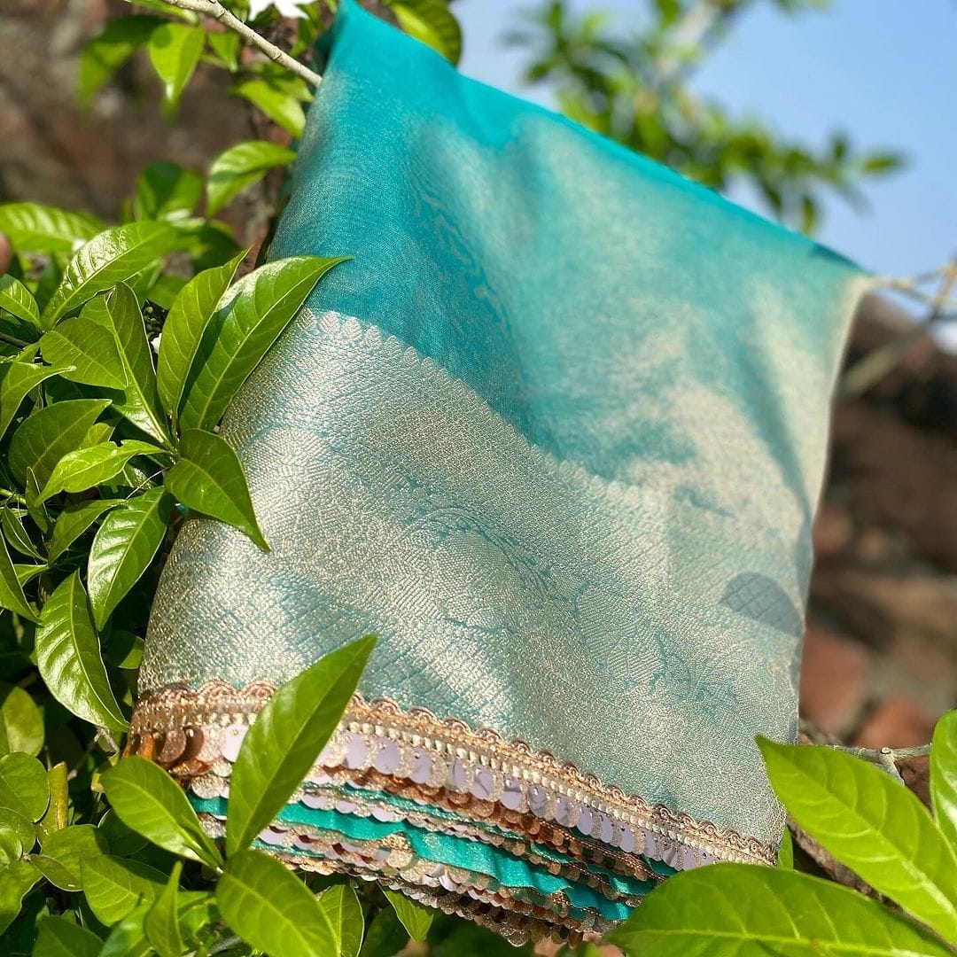 Aqua Green Janhvi Kapoor Inspired Tissue Silk Saree