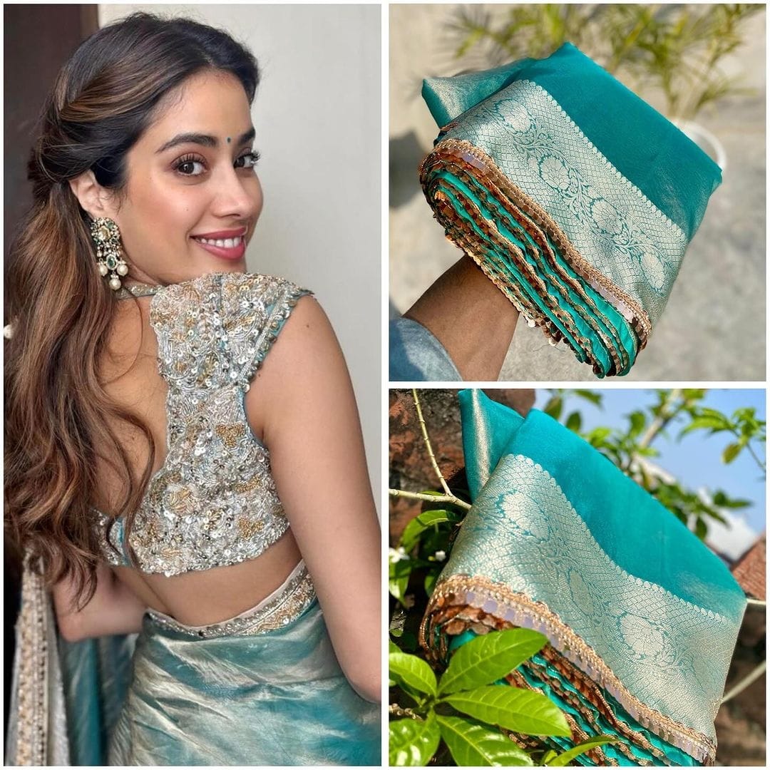 Aqua Green Janhvi Kapoor Inspired Tissue Silk Saree