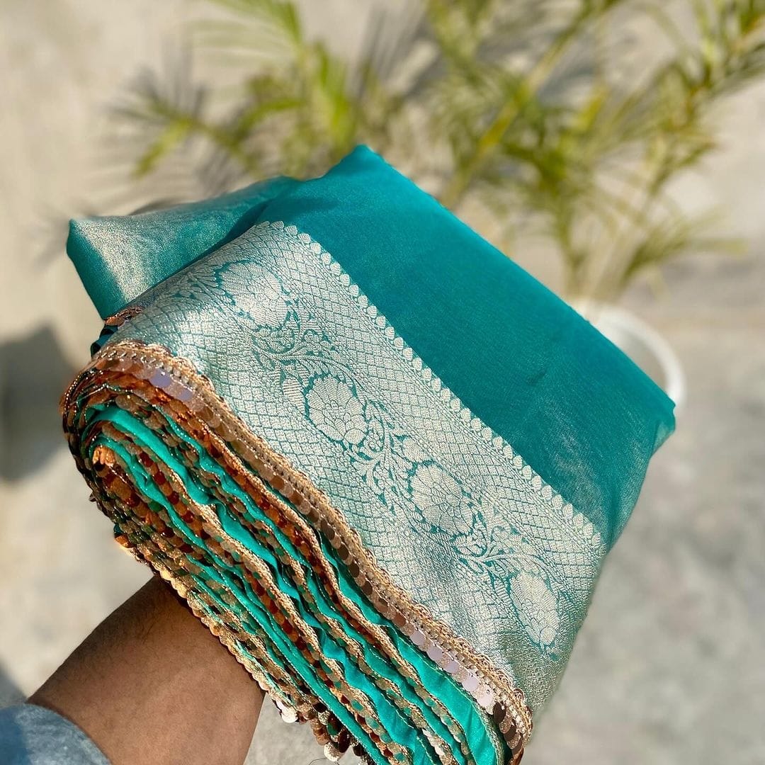 Aqua Green Janhvi Kapoor Inspired Tissue Silk Saree