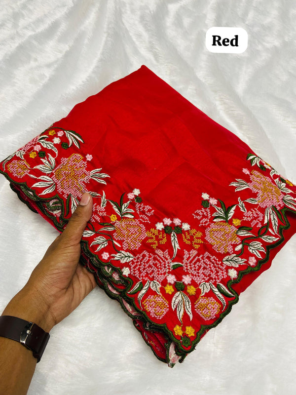 Premium Crochet Work Red Color Tussar Geogette Silk Saree