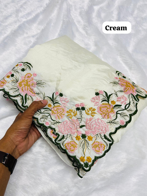 Premium Crochet Work Cream Color Tussar Geogette Silk Saree