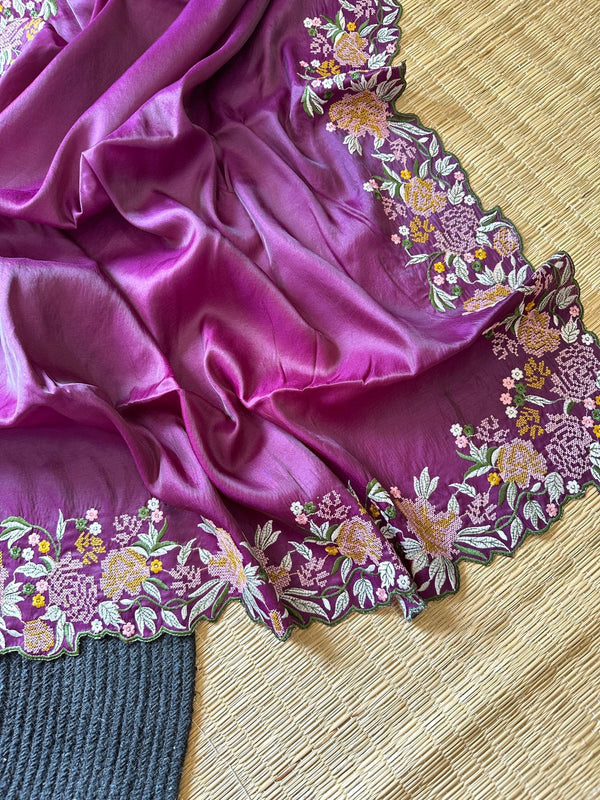 Premium Crochet Work Purple Tussar Georgette Silk Saree