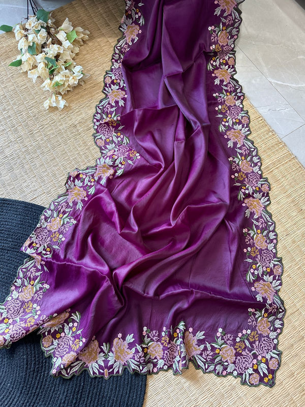 Premium Crochet Work Purple Tussar Georgette Silk Saree