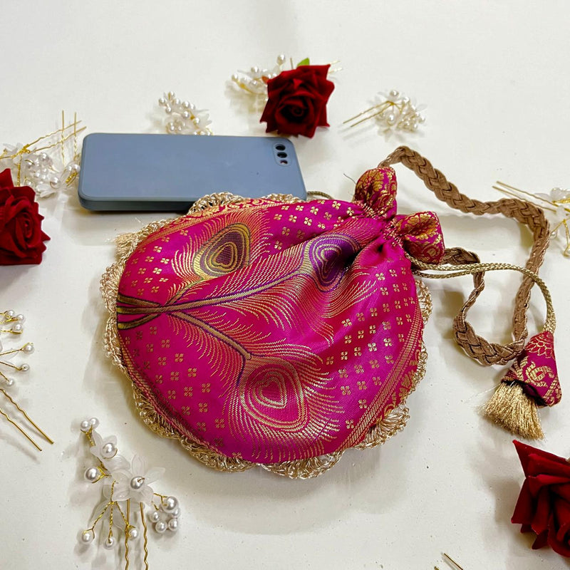 Stunning Rani Pink Color Banarasi Potali Bags