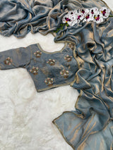 Shimmery Aqua Grey Tissue Designer Saree