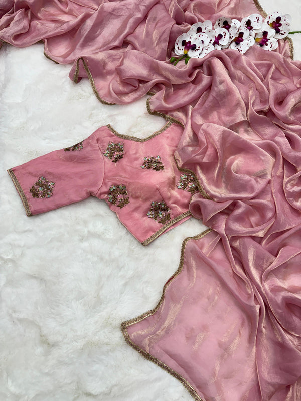 Shimmery Baby Pink Tissue Designer Saree