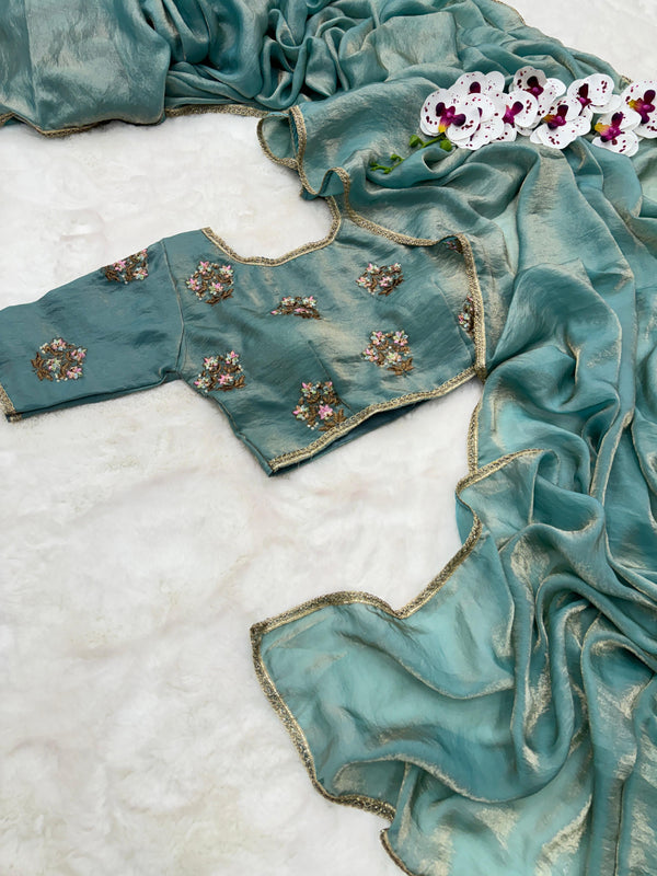 Shimmery Sea Green Tissue Designer Saree