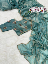 Shimmery Sea Green Tissue Designer Saree Buy Now