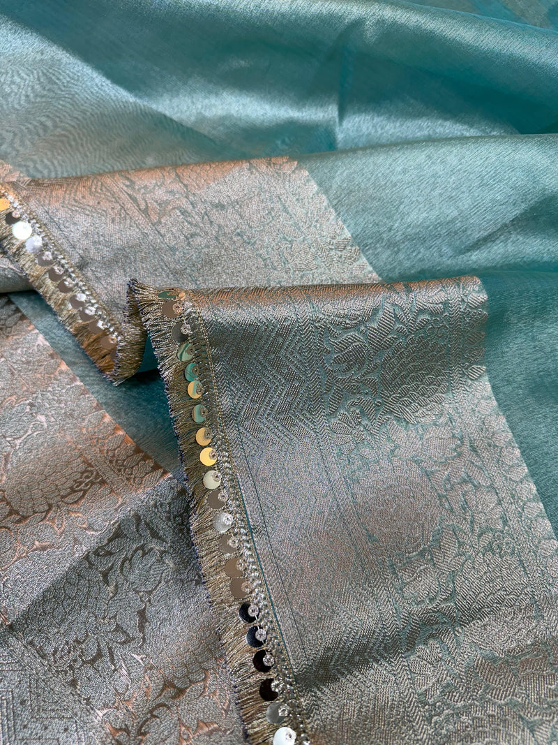 Sea Green Jacquard Glass Tissue Saree