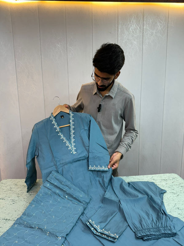 Aqua Blue Shade Exclusive Roman Silk Suit Set