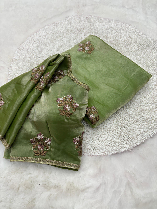 Shimmery Light Green Tissue Designer Saree