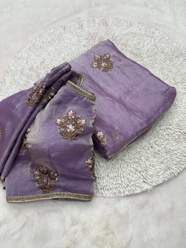Shimmery lavender Color Tissue Designer Saree