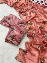 Shimmery Dark Peach Tissue Designer Saree