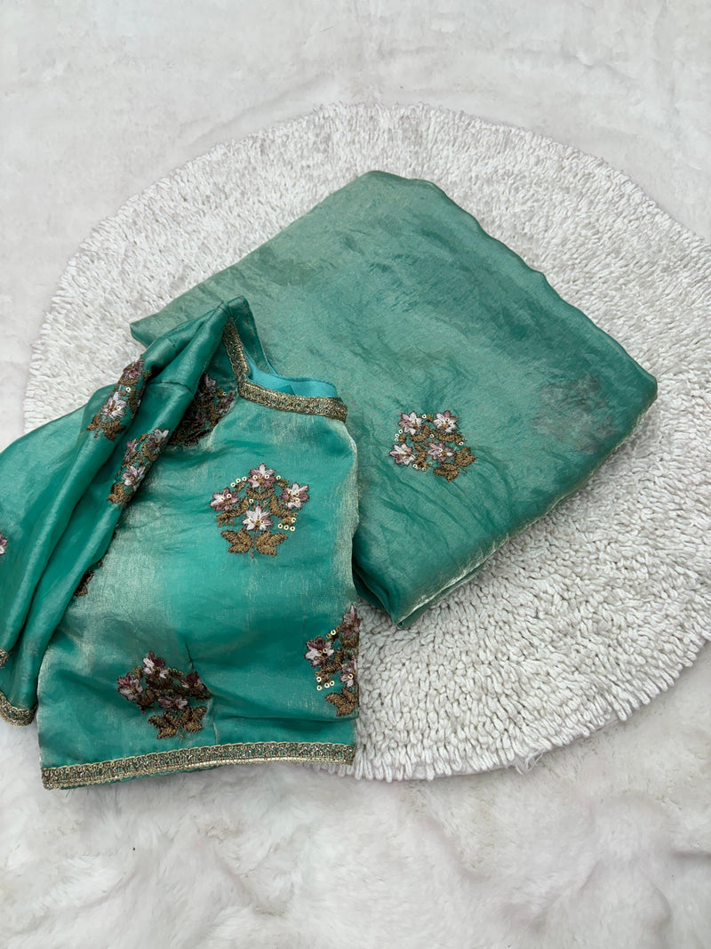 Shimmery Mint Green Tissue Designer Saree