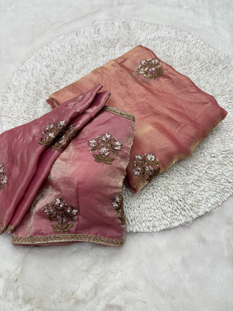 Shimmery Dark Peach Tissue Designer Saree