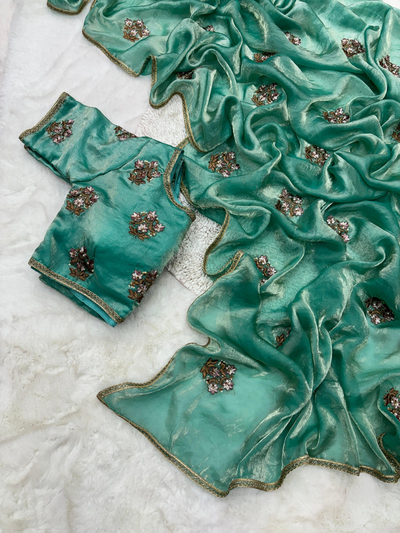 Shimmery Mint Green Tissue Designer Saree