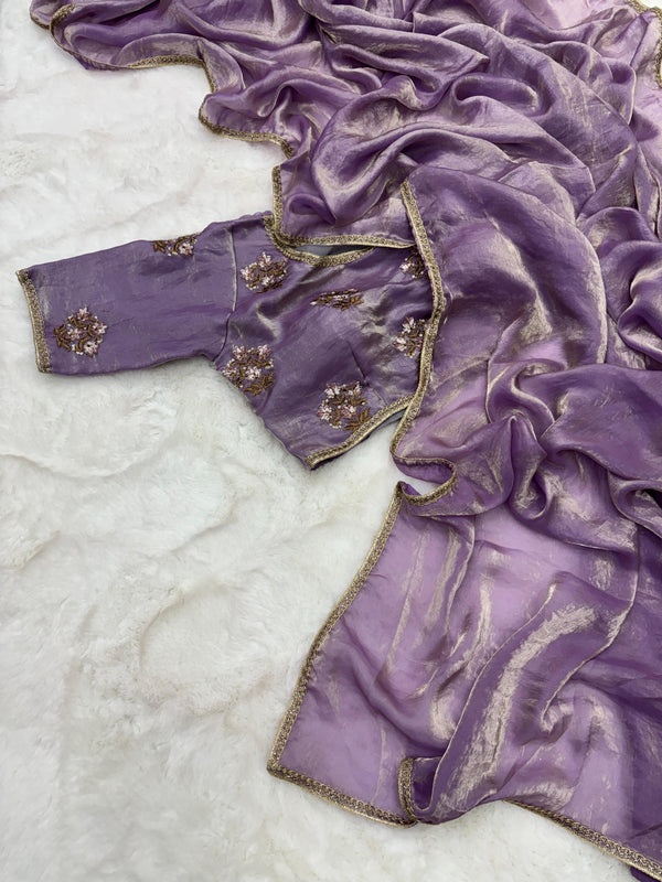 Bright Purple Shade Shimmery Tissue Silk Saree
