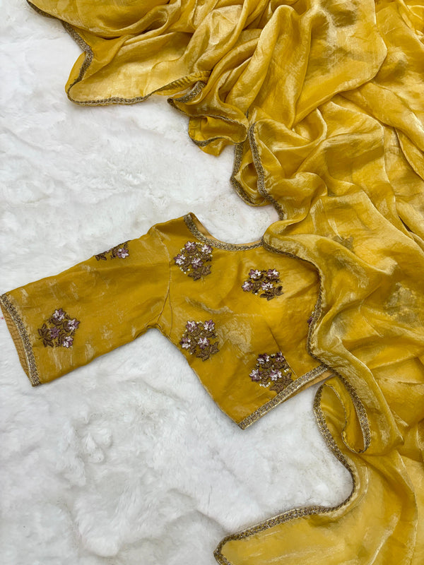 Bright Yellow Shade Shimmery Tissue Silk Saree