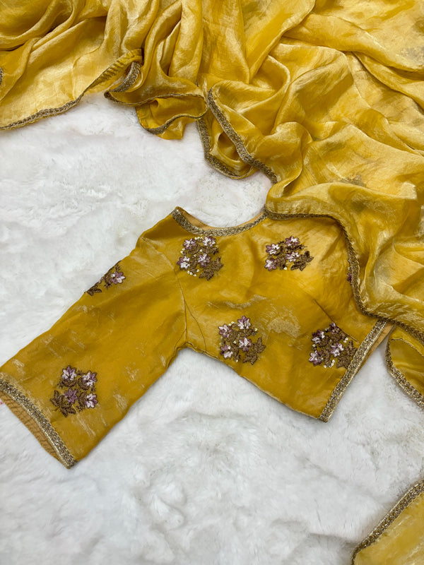 Bright Yellow Shade Shimmery Tissue Silk Saree
