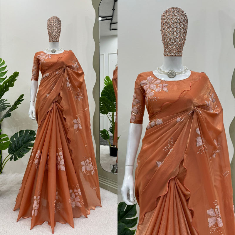 Orange Shade Shimmery Tissue Silk Saree