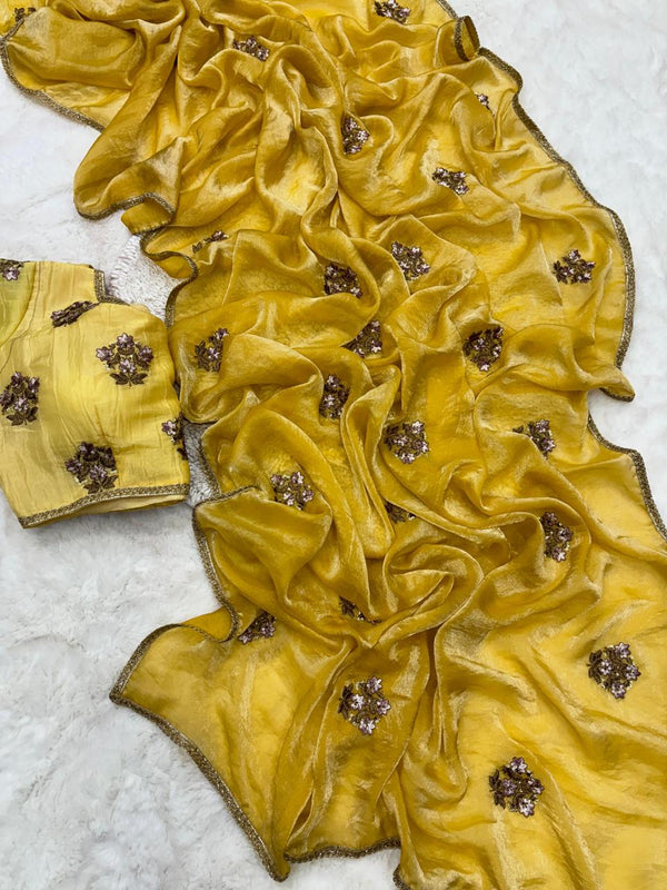 Shimmery Yellow Tissue Designer Saree