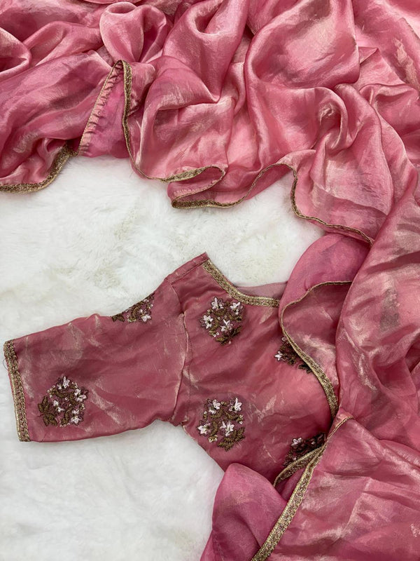 Shimmery Dark Pink Tissue Designer Saree