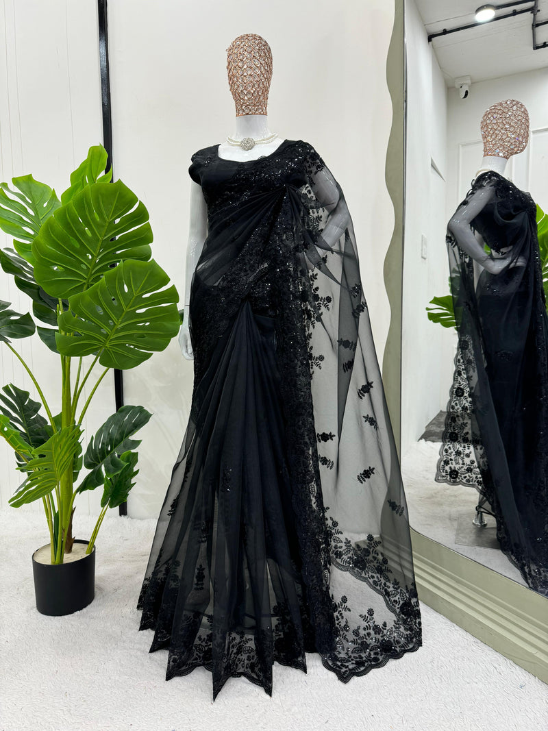 Designer Shimmery Black Organza Saree