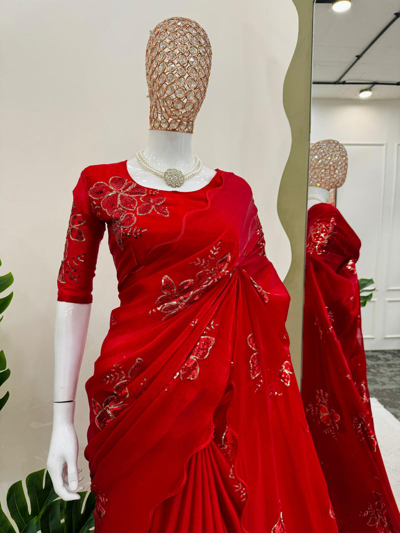 Bridal Red Shimmery Tissue Sequin Saree