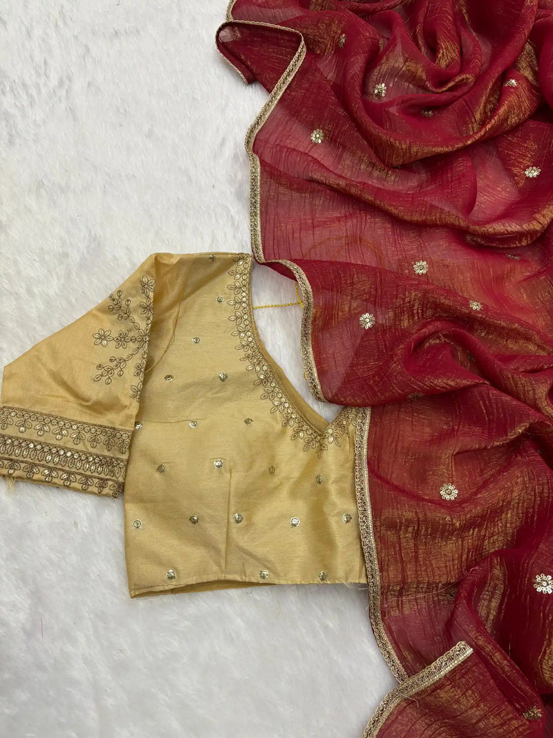 Cherry Red Shade Shimmery Tissue Silk Saree