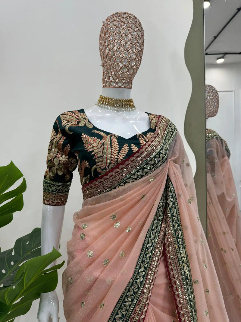 Light Peach Shade Shimmery Tissue Silk Designer Saree