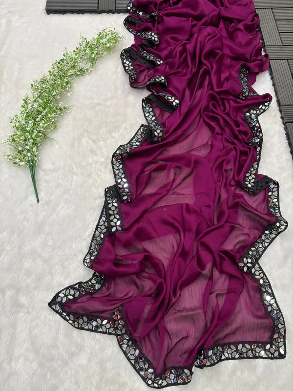 Wine Satin Chiffon Designer Mirror Work Saree