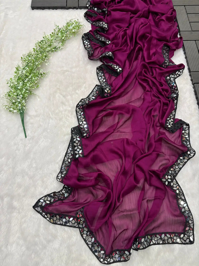 Wine Color Satin Chiffon Designer Mirror Work Saree