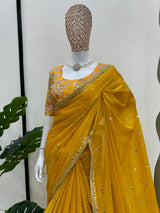 Bridal Yellow Colour Shimmery Tissue Designer Saree