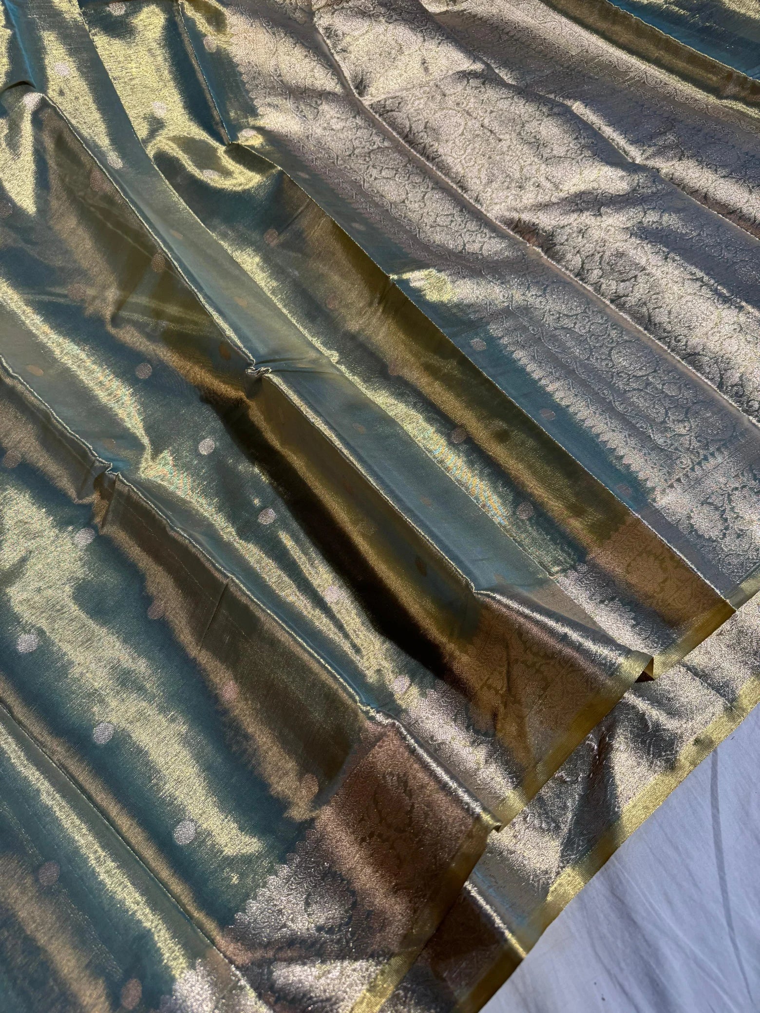 Green shade banarasi copper tissue silk saree with rich pallu and blouse