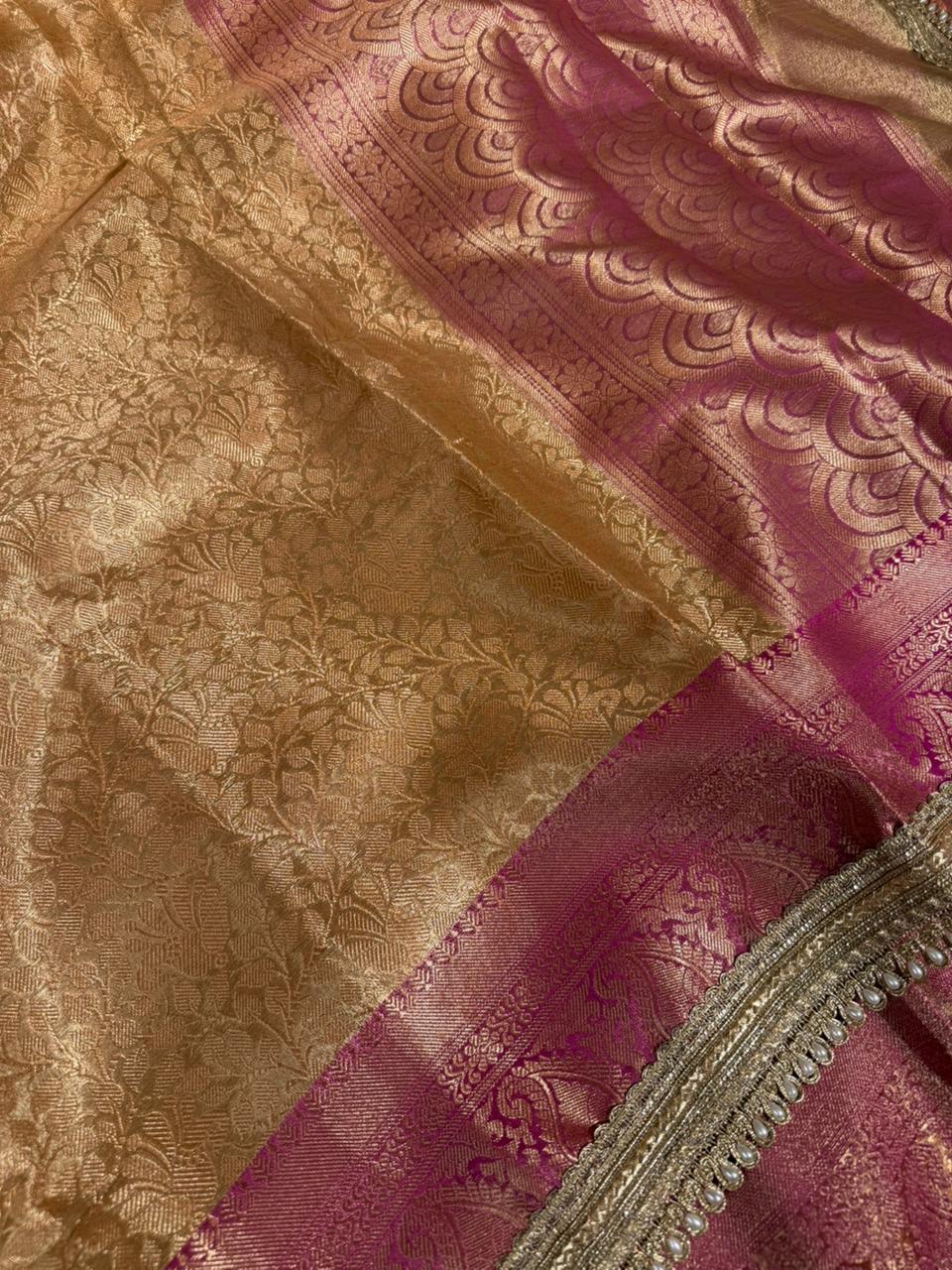 Light gold embossed tissue designer saree
