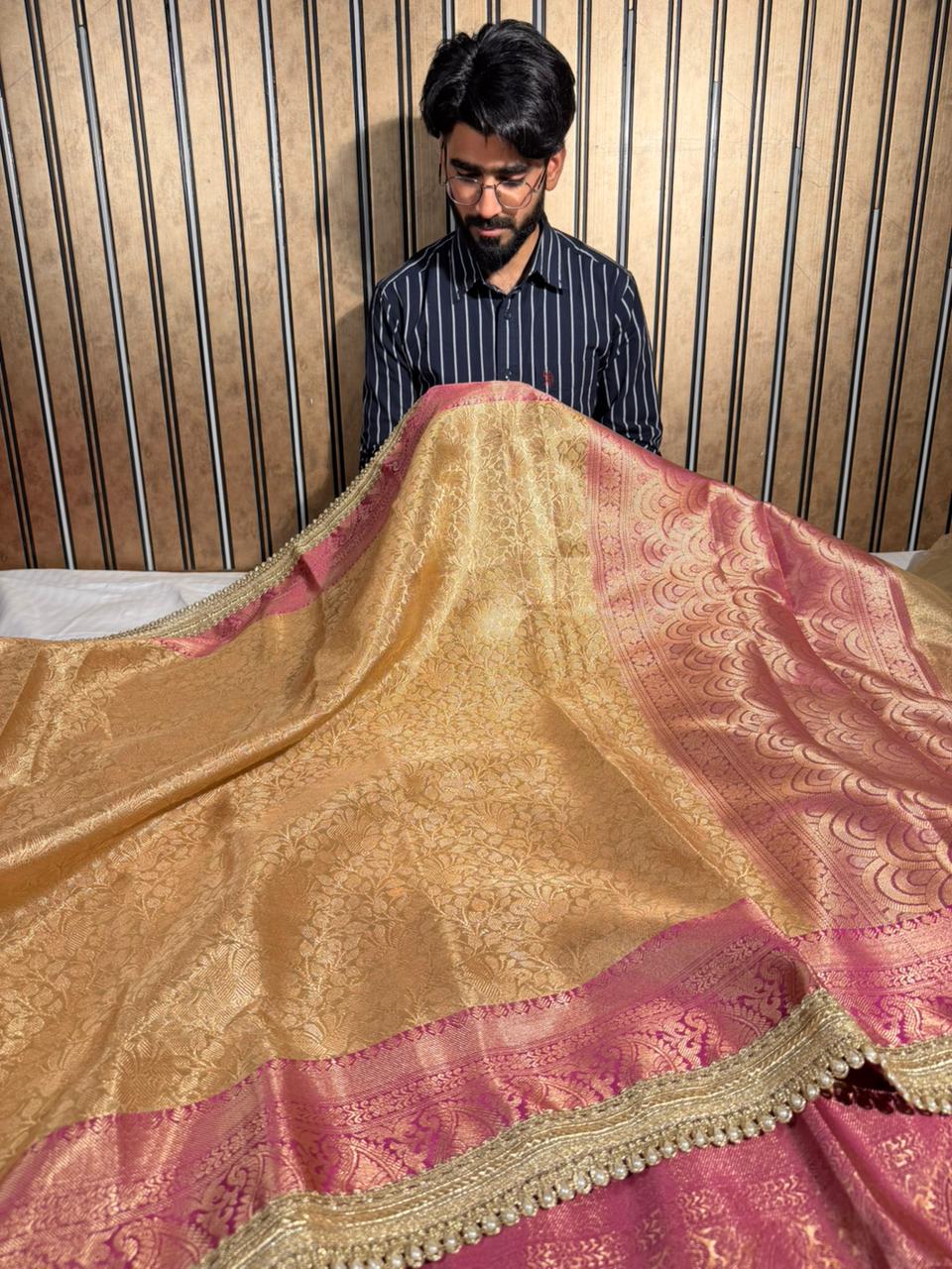 Light gold embossed tissue designer saree