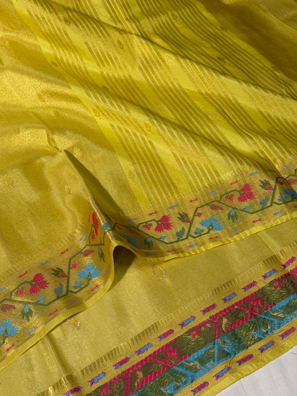 Bright Yellow Ikkat Border Breathable Katan Tissue Saree