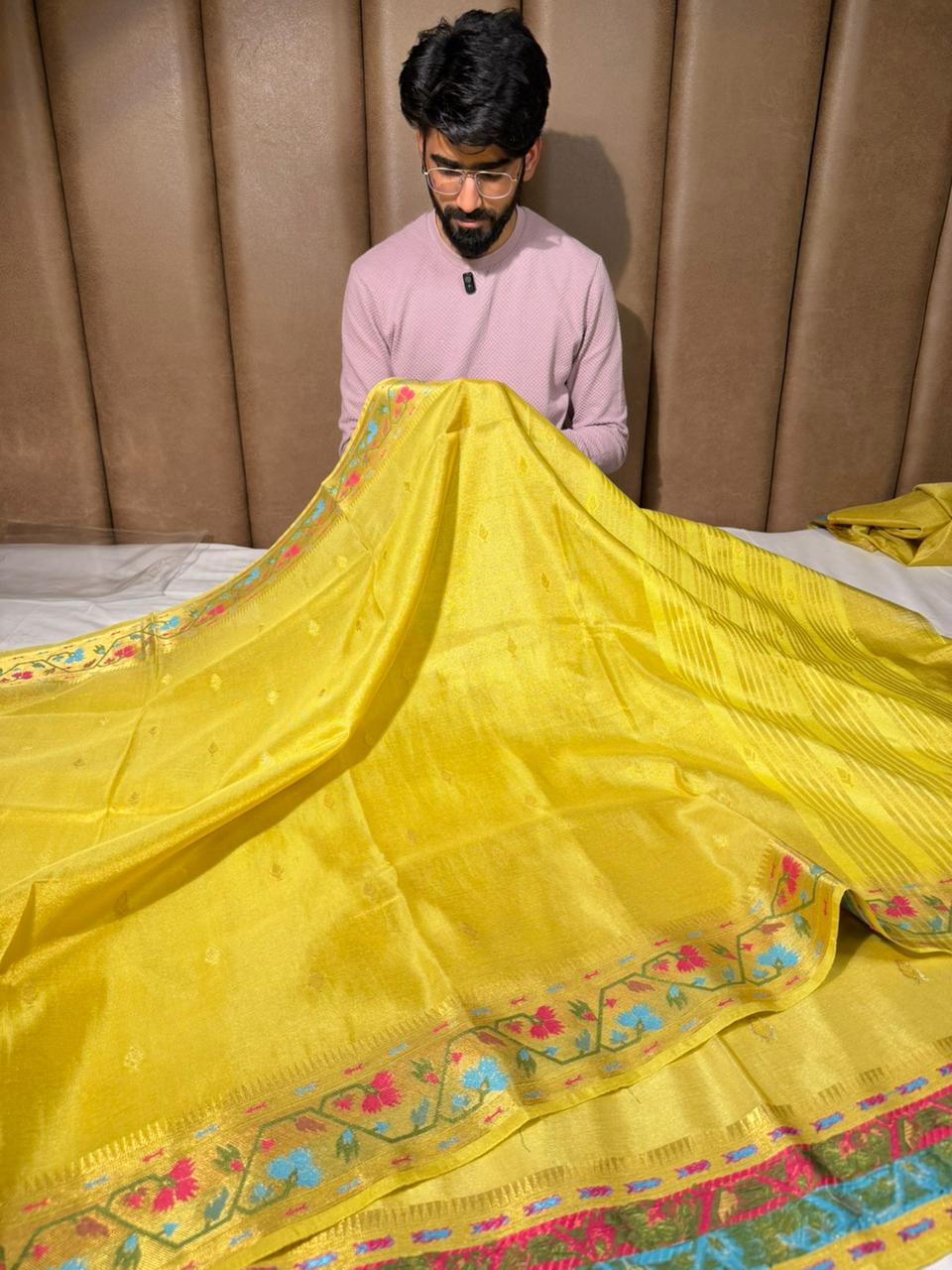 Bright Yellow Ikkat Border Breathable Katan Tissue Saree