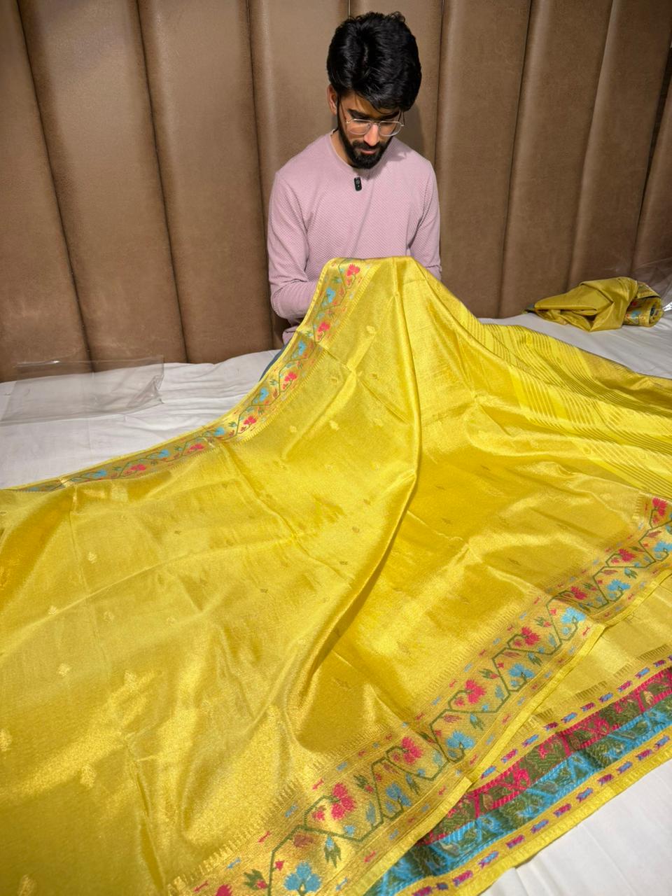 Bright Yellow Ikkat Border Breathable Katan Tissue Saree